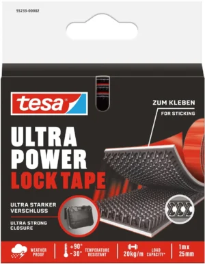 Blister met Tesa Lock tape Ultra power bevestigingsstrip van 25 mm breed en 1 m lang in zwart