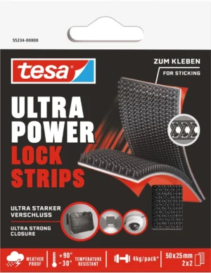 Blister Tesa Lock strips Ultra power van 25 mm × 5 cm met 2 × 2 zwarte bevestigingsstrips