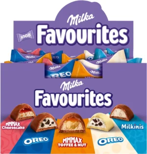 Doos Milka Favourites chocolade met 108 stuks, samen ongeveer 1 kg