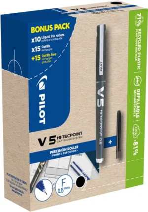 Pilot Hi-Tecpoint V5, 10 rollers + 30 vullingen, fijn, zwart — liquid-ink rollers
