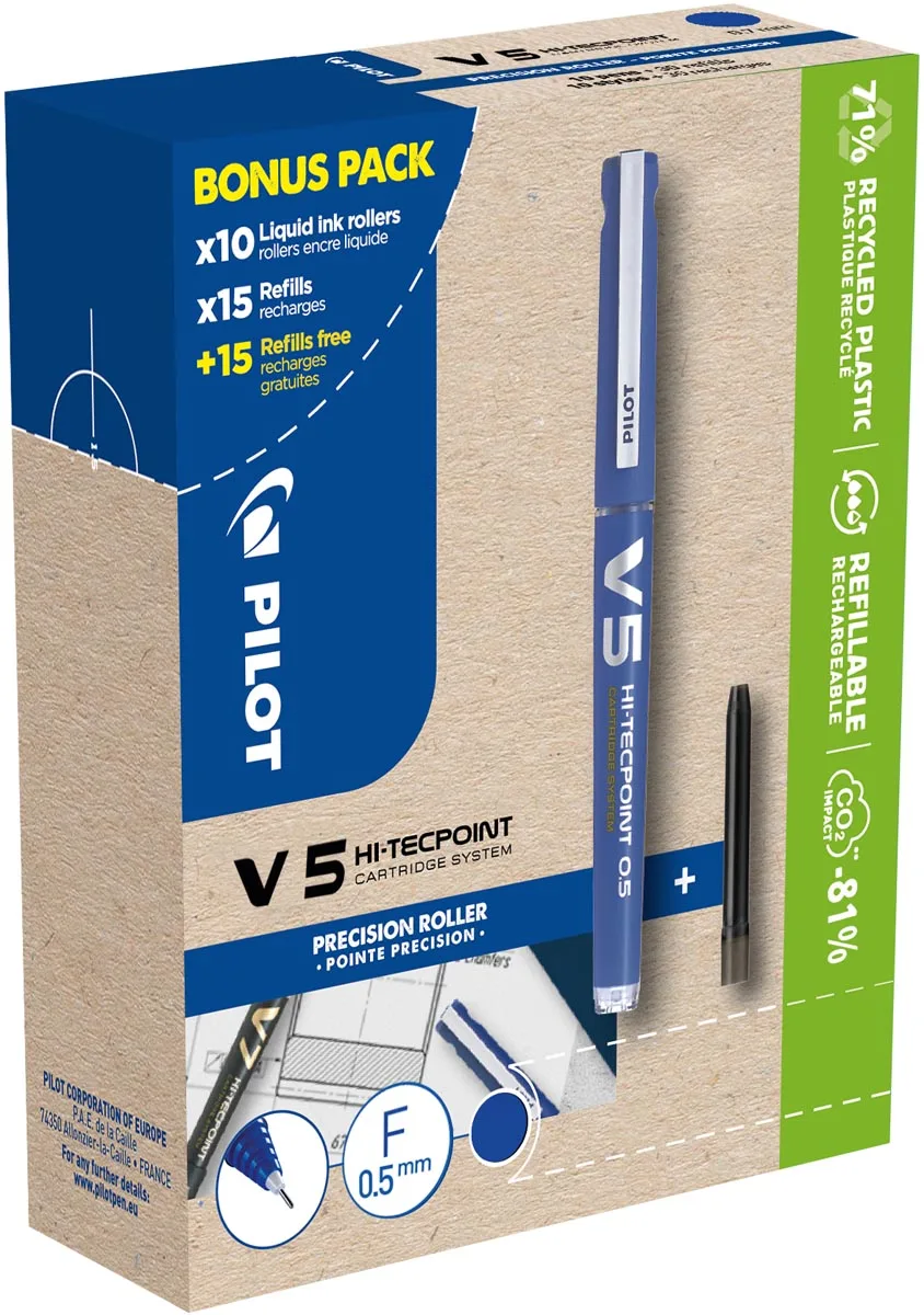 Pilot Hi-Tecpoint V5, 10 rollers + 30 vullingen, fijn, blauw — liquid-ink rollers
