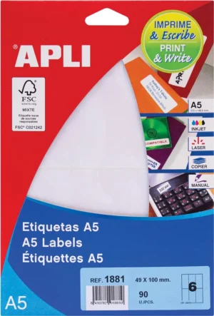 Apli witte etiketten Print & Write ft 49 x 100 mm (b x h), 90 stuks, 6 per blad (1881) — multifunctionele etiketten