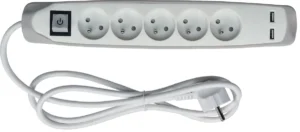 Perel contactdoos met 5 stopcontacten, 2 USB en schakelaar, 1,5 m, wit/grijs, voor NL — elektriciteit