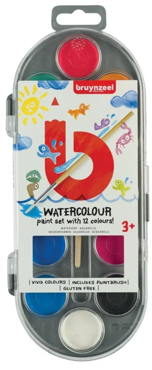 Bruynzeel Kids waterverf, set van 12 geassorteerde kleuren, in ophangbaar doosje
