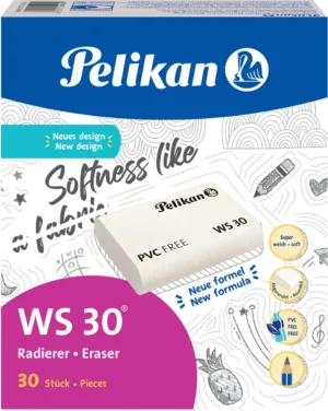 Doos met 30 witte Pelikan gummen WS30 in groot formaat