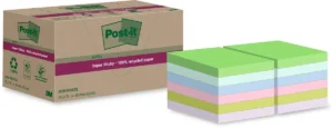 Post-it Super Sticky Notes Recycled, 70 vel, ft 47,6 x 47,6 mm, assorti, pak van 12 blokken — gekleurde notes