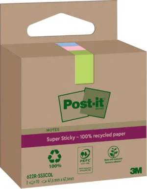Post-it Super Sticky Notes Recycled, 70 vel, ft 47,6 x 47,6 mm, assorti, pak van 3 blokken — gekleurde notes