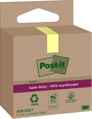 Post-it Super Sticky Notes Recycled, 70 vel, ft 47,6 x 47,6 mm, geel, pak van 3 blokken — gekleurde notes