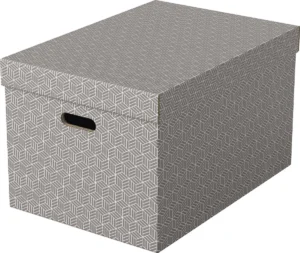 Drie grijze Esselte Home opbergdozen met handvaten, 35,5 Ć 51 Ć 30,5 cm