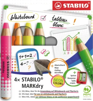 STABILO MARKdry potlood voor whiteboards, etui van 4 stuks in geassorteerde neon kleuren — whiteboardmarker