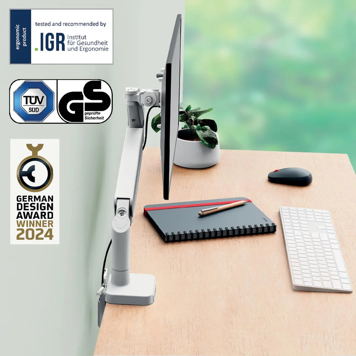Leitz Ergo ruimtebesparende monitorarm, enkel, lichtgrijs — detail 5