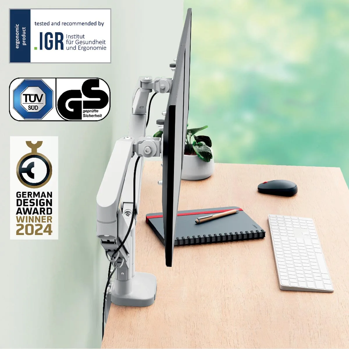 Leitz Ergo ruimtebesparende monitorarm, dubbel, lichtgrijs — detail 5