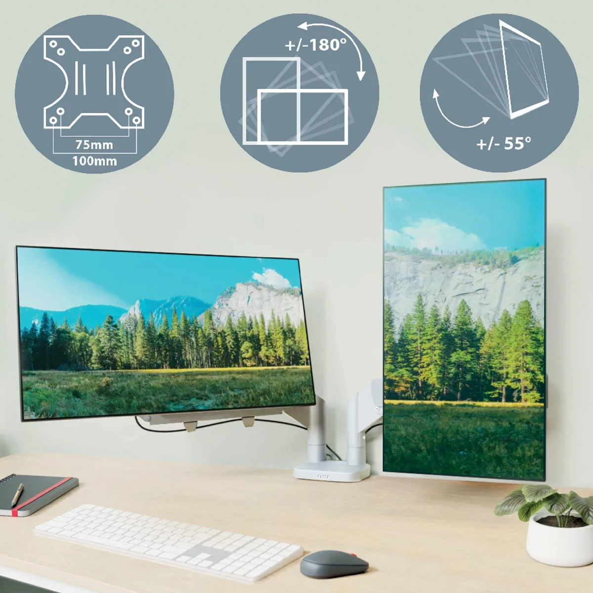 Leitz Ergo ruimtebesparende monitorarm, dubbel, lichtgrijs — detail 6