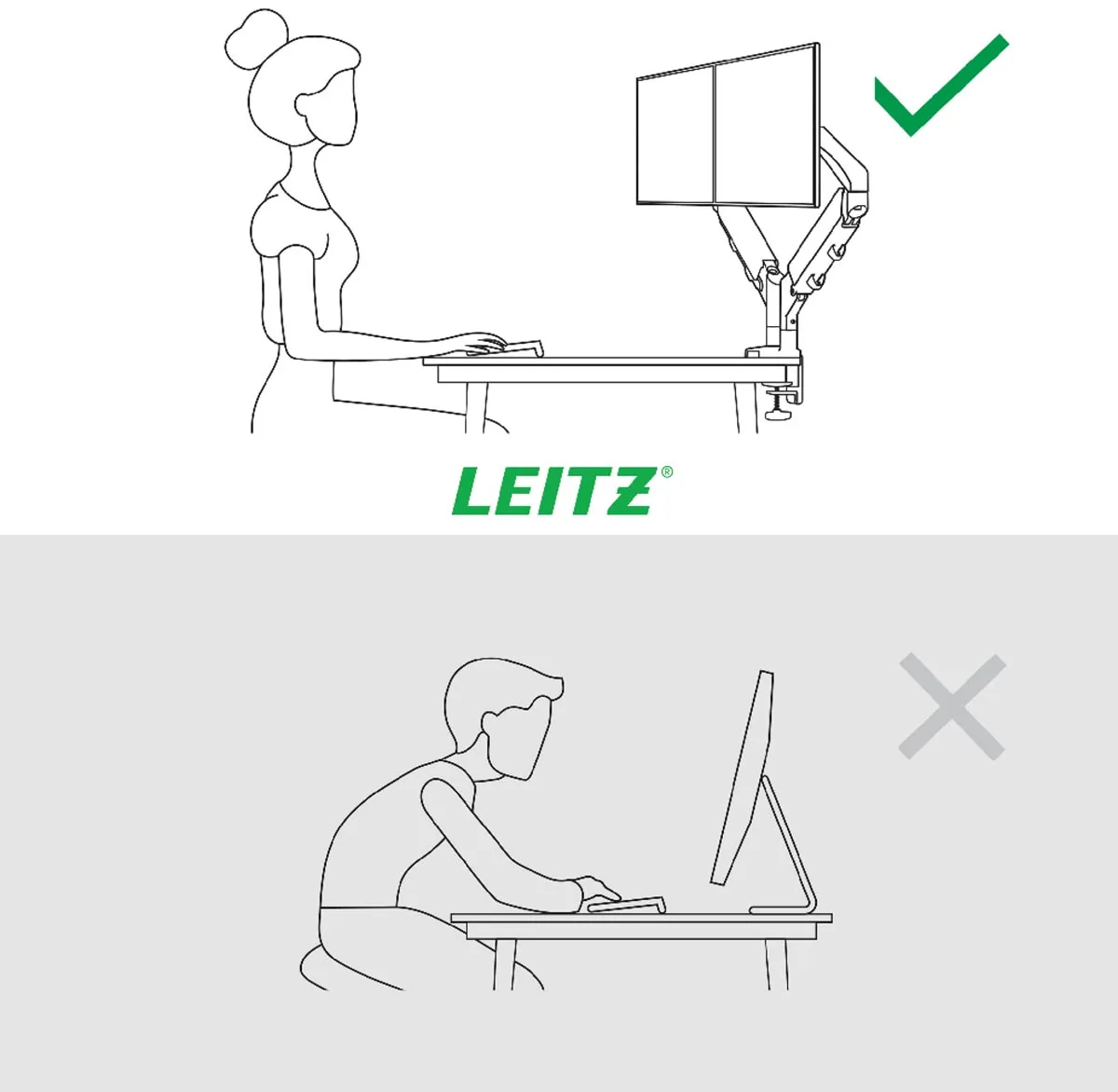 Leitz Ergo ruimtebesparende monitorarm, dubbel, lichtgrijs — detail 3