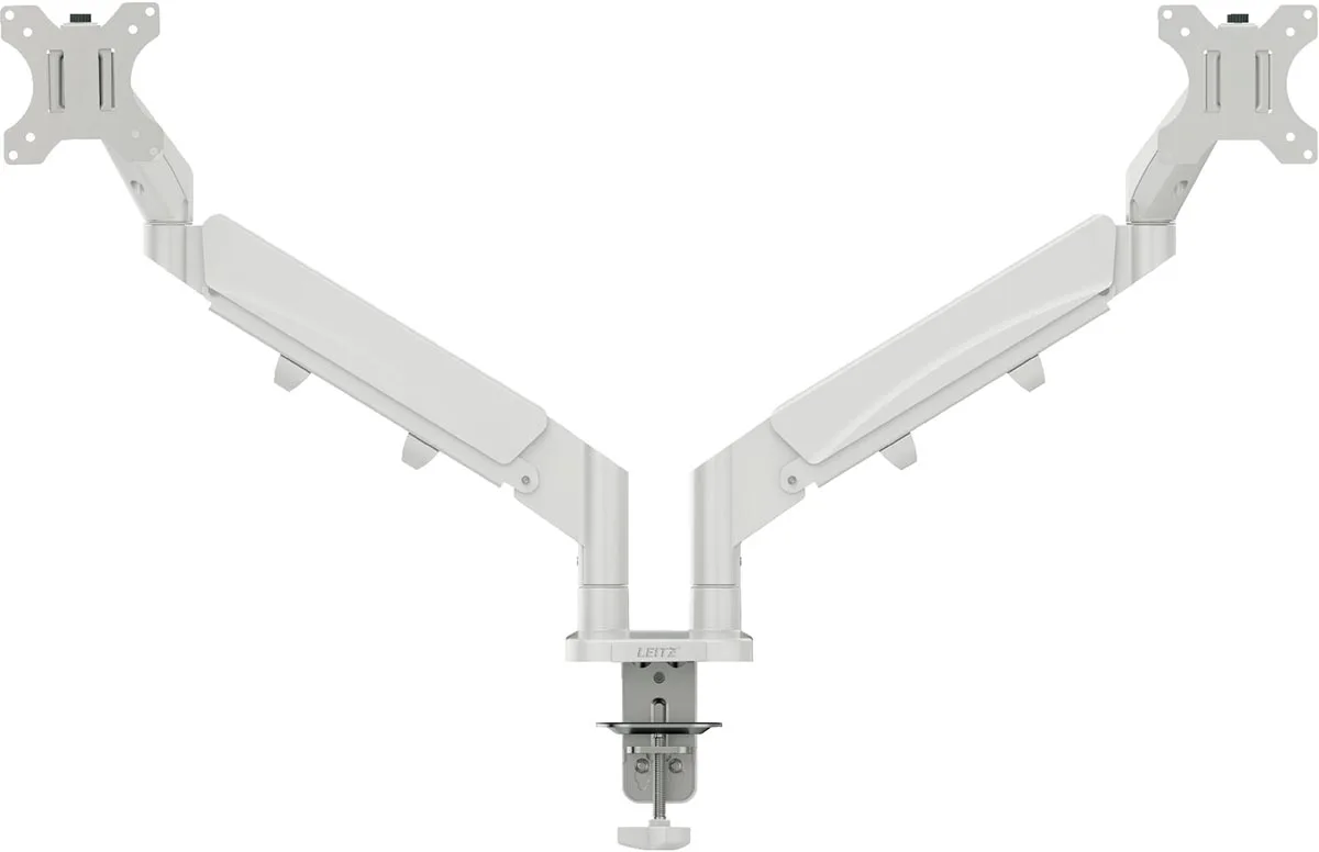Leitz Ergo ruimtebesparende monitorarm, dubbel, lichtgrijs — monitor- en telefoonarmen