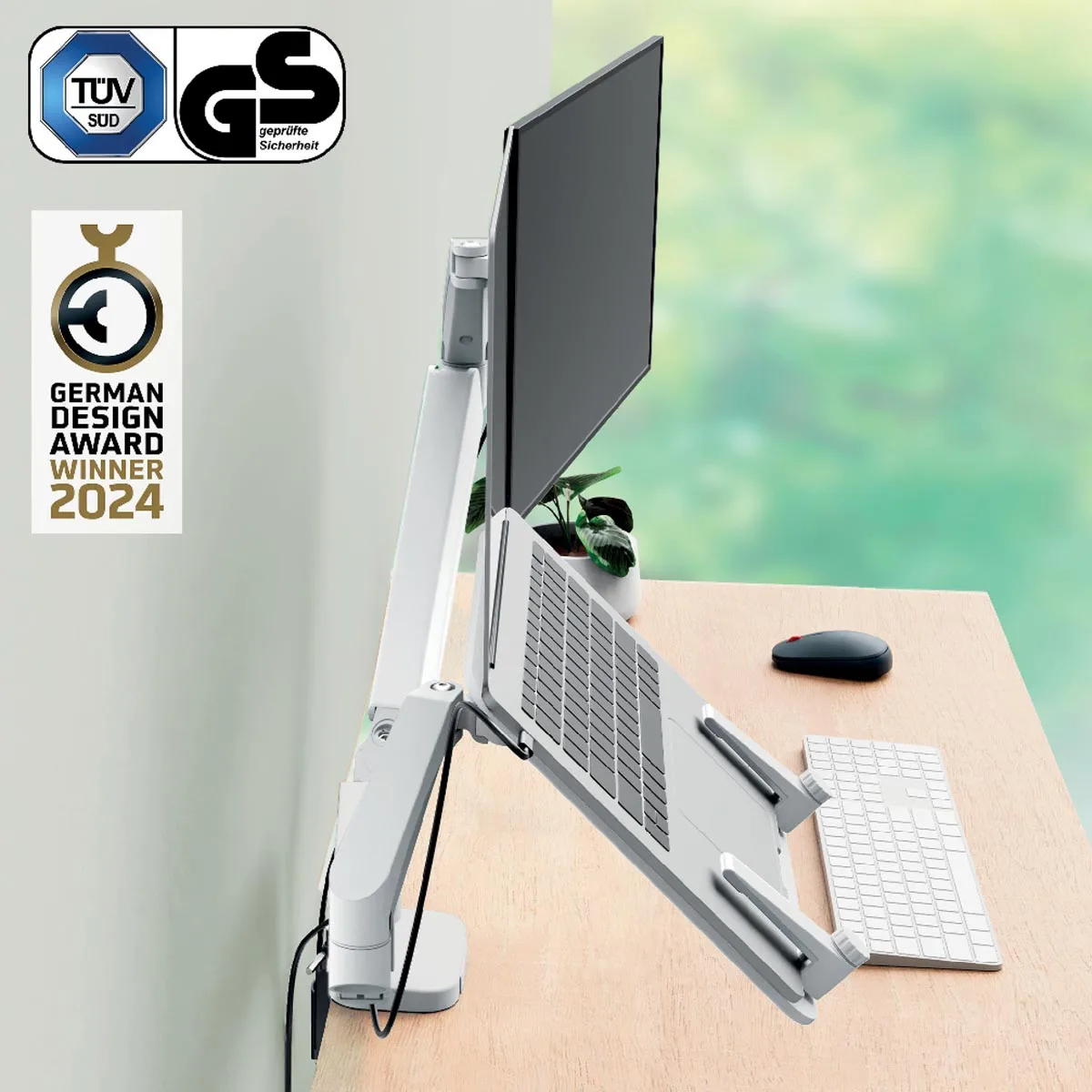 Leitz Ergo ruimtebesparende monitorarm, dubbele arm met 1 laptoparm, lichtgrijs — detail 5
