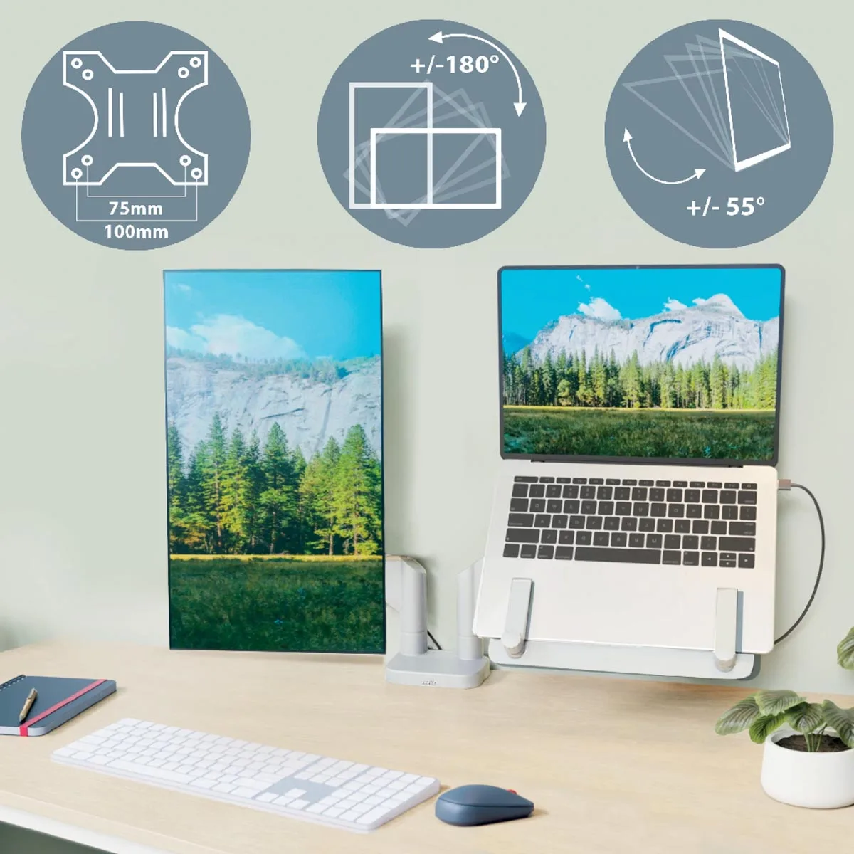 Leitz Ergo ruimtebesparende monitorarm, dubbele arm met 1 laptoparm, lichtgrijs — detail 6