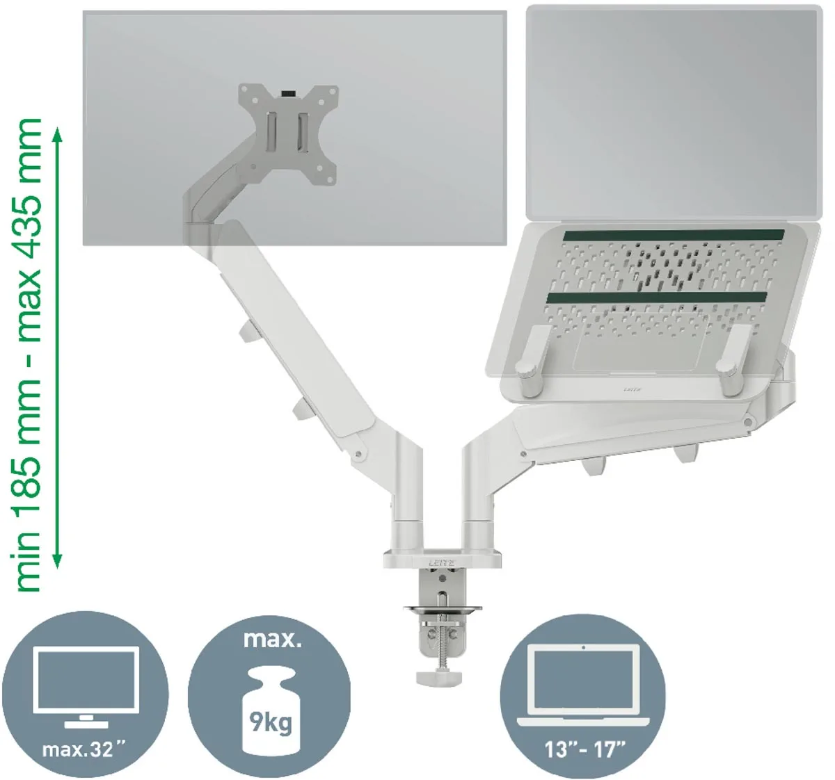 Leitz Ergo ruimtebesparende monitorarm, dubbele arm met 1 laptoparm, lichtgrijs — detail 2