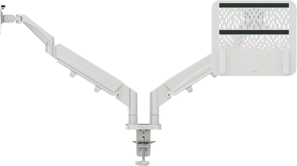 Leitz Ergo ruimtebesparende monitorarm, dubbele arm met 1 laptoparm, lichtgrijs — monitor- en telefoonarmen