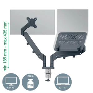 Leitz Ergo ruimtebesparende monitorarm, dubbele arm met 1 laptoparm, grijs — detail 2