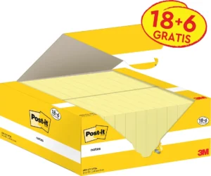 Post-it Notes, 100 vel, ft 38 x 51 mm, kanariegeel (canary yellow), 18 blokken + 6 GRATIS — gele notes