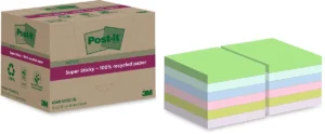 Post-it Super Sticky Notes Recycled, 70 vel, ft 76 x 76 mm, assorti, pak van 12 blokken — gekleurde notes