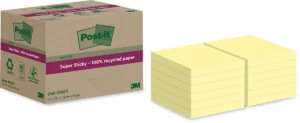 Post-it Super Sticky Notes Recycled, 70 vel, ft 76 x 76 mm, geel, pak van 12 blokken — gekleurde notes