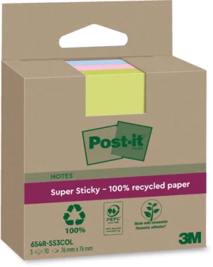 Post-it Super Sticky Notes Recycled, 70 vel, ft 76 x 76 mm, assorti, pak van 3 blokken — gekleurde notes