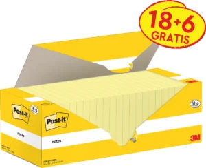 Post-it Notes, 100 vel, ft 76 x 76 mm, kanariegeel (canary yellow), 18 blokken + 6 GRATIS — gele notes