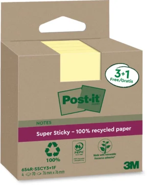 Post-it Super Sticky Notes Recycled, 70 vel, ft 76 x 76 mm, geel, 3 + 1 GRATIS — gekleurde notes