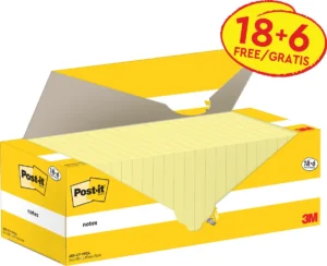 Post-it Notes, 100 vel, ft 76 x 127 mm, kanariegeel (canary yellow), 18 blokken + 6 GRATIS — gele notes