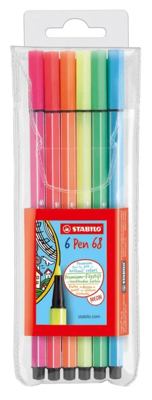 Etui van STABILO Pen 68 Neon met zes kleurstiften in geassorteerde neonkleuren