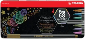Metalen doos met acht STABILO Pen 68 metallic viltstiften in verschillende kleuren