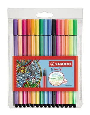 Etui met 15 STABILO Pen 68 viltstiften in geassorteerde kleuren