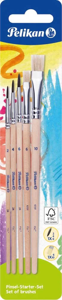 Pelikan penselenset , blister van 5 stuks, S613F in nr 6 en 10 en S24 in nr 2, 4 en 6 — penseel