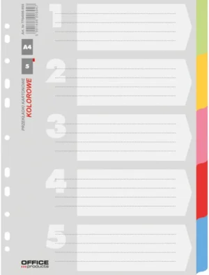OFFICE products tabbladen, A4, karton, 11-gaatsperforatie, geassorteerde kleuren, 5 tabs — neutrale tabbladen