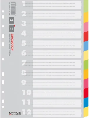OFFICE products tabbladen, A4, karton, 11-gaatsperforatie, geassorteerde kleuren, 12 tabs — neutrale tabbladen