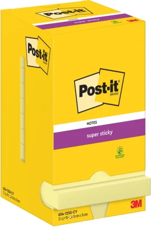 Pak met twaalf gele Post-it Super Sticky Notes memoblokken van 76 Ć 76 mm