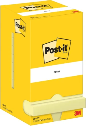 Post-It Notes, 100 vel, ft 76 x 76 mm, geel, pak van 12 blokken — gele notes
