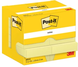 Post-It Notes, 100 vel, ft 38 x 51 mm, geel, pak van 12 blokken — gele notes