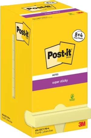Post-It Super Sticky Notes, 90 vel, ft 76 x 76 mm, geel, 8 + 4 GRATIS — gele notes