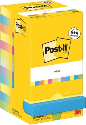 Post-It Notes Energetic, 100 vel, ft 76 x 76 mm, 8 + 4 GRATIS — gekleurde notes