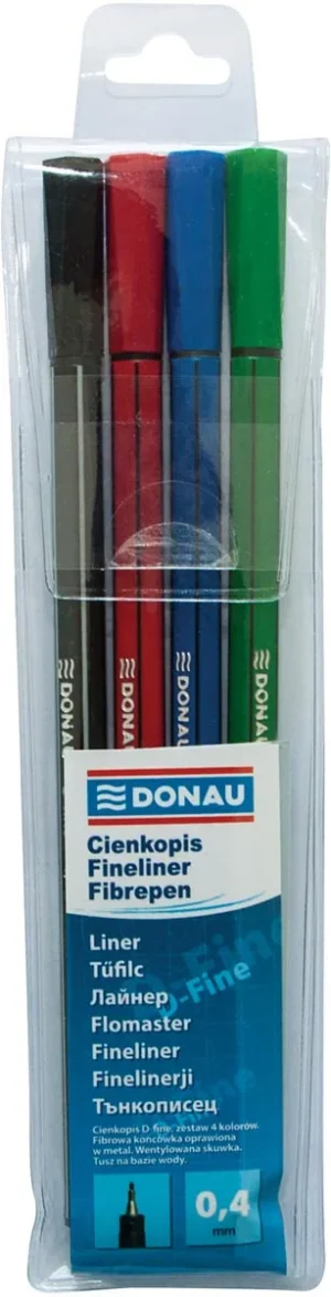 DONAU D-fine fineliner, 0,4 mm, etui van 4 stuks, geassorteerde kleuren — office fineliners
