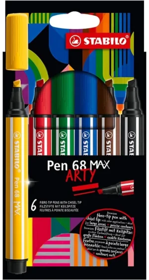 Etui met zes STABILO Pen 68 MAX ARTY viltstiften in geassorteerde kleuren