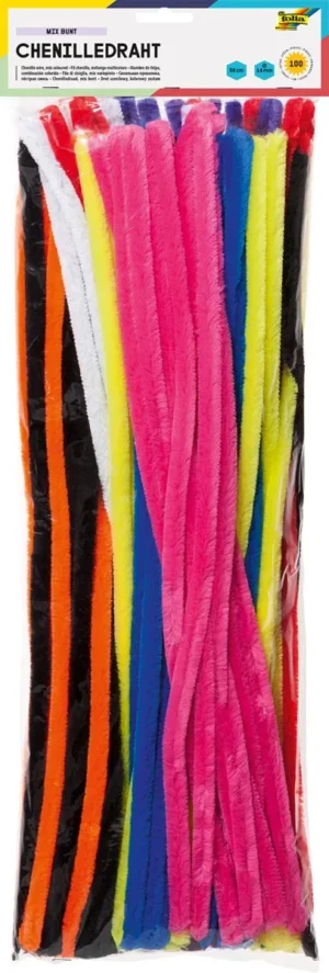 Zakje Folia chenilledraad met 100 stuks in geassorteerde kleuren, diameter 14 mm