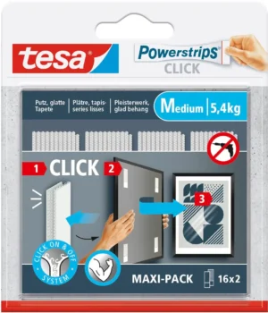 Blister Tesa Powerstrips Click medium met 2 × 16 witte kleefstrips