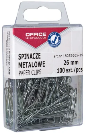 Plastic ophangdoosje van OFFICE products met 100 metalen papierklemmen van 26 mm