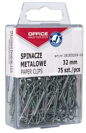 Plastic ophangdoosje van OFFICE products met 75 gegalvaniseerde papierklemmen van 32 mm