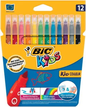 Kartonnen etui met 12 Bic Kids Kid Couleur viltstiften in verschillende kleuren