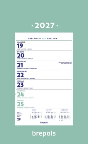 Brepols wand-weekkalender 2027 op schild met spiraalbinding, 19 × 34 cm